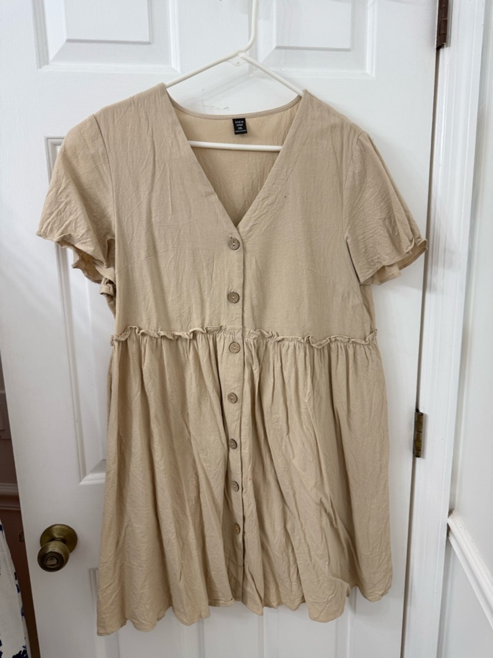 SHEIN Beige Button-Front V-Neck Mini Dress